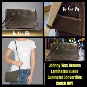 Johnny Was Gemma Laminated Suede Gunmetal Convertible Clutch NWT